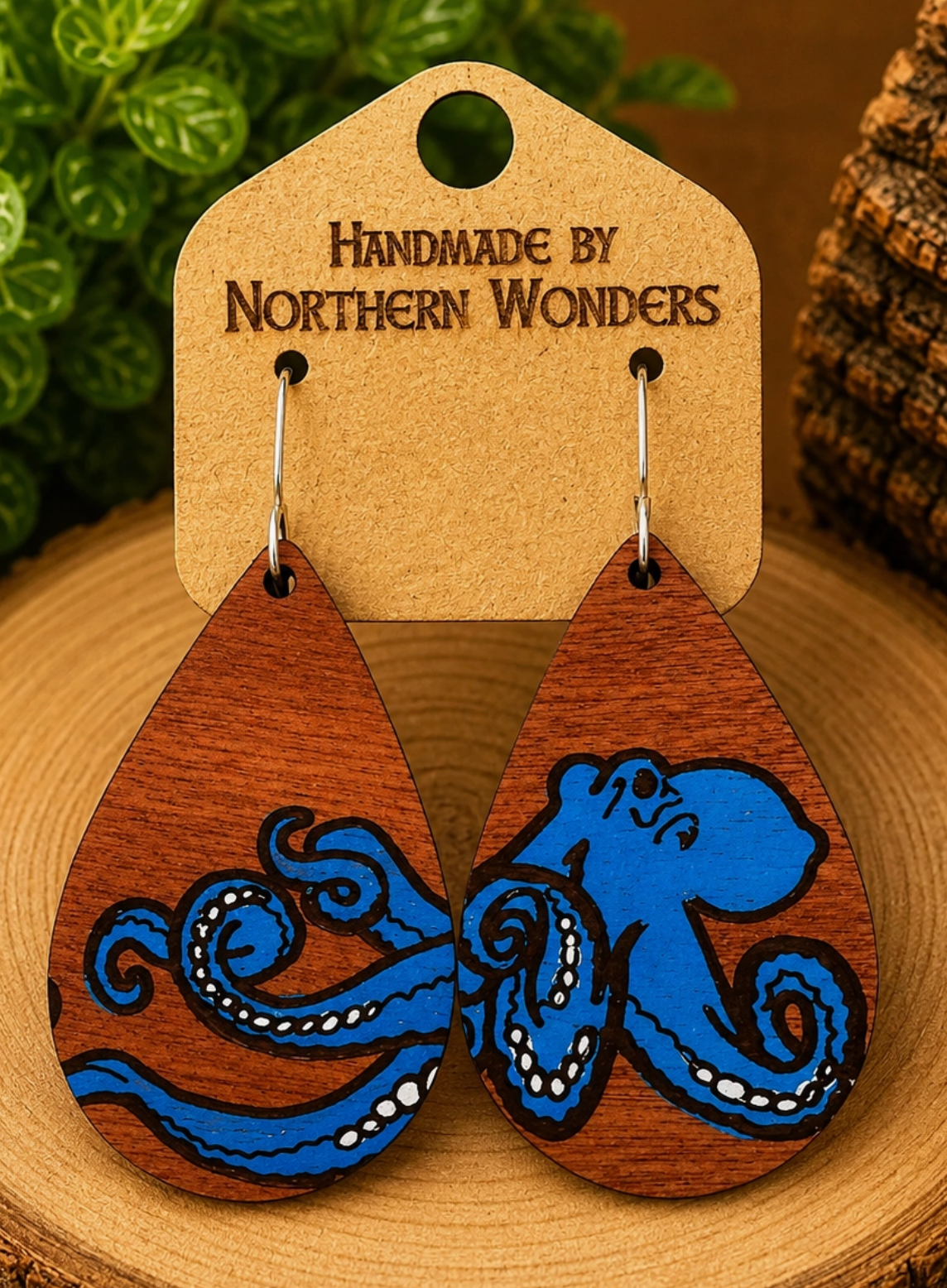 Blue Octopus Wood Earring