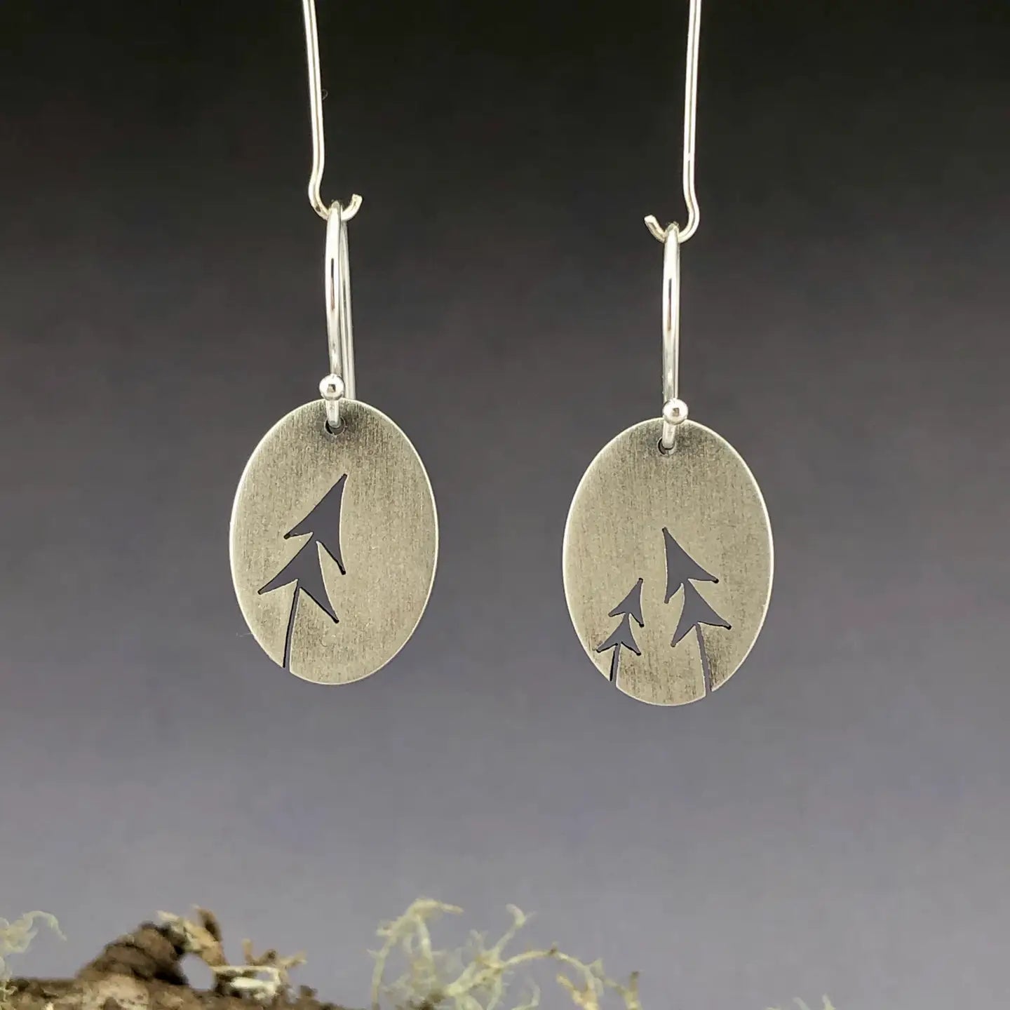 Three Open Leaning Pines Oval Earrings