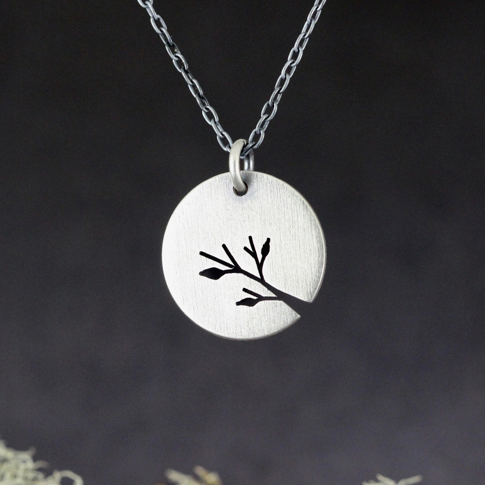 Tiny Leafy Branch Tree Art Round Pendant