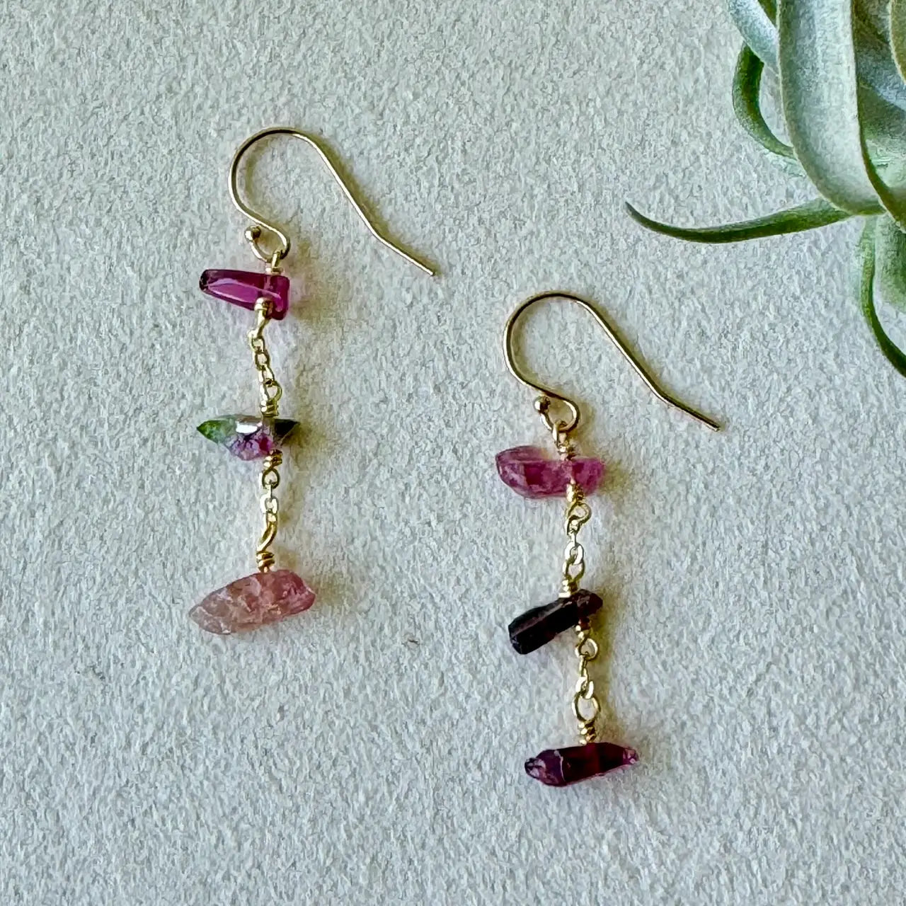 Tourmaline Dangle and Drop / Watermelon Tourmaline Earrings : 14k Gold