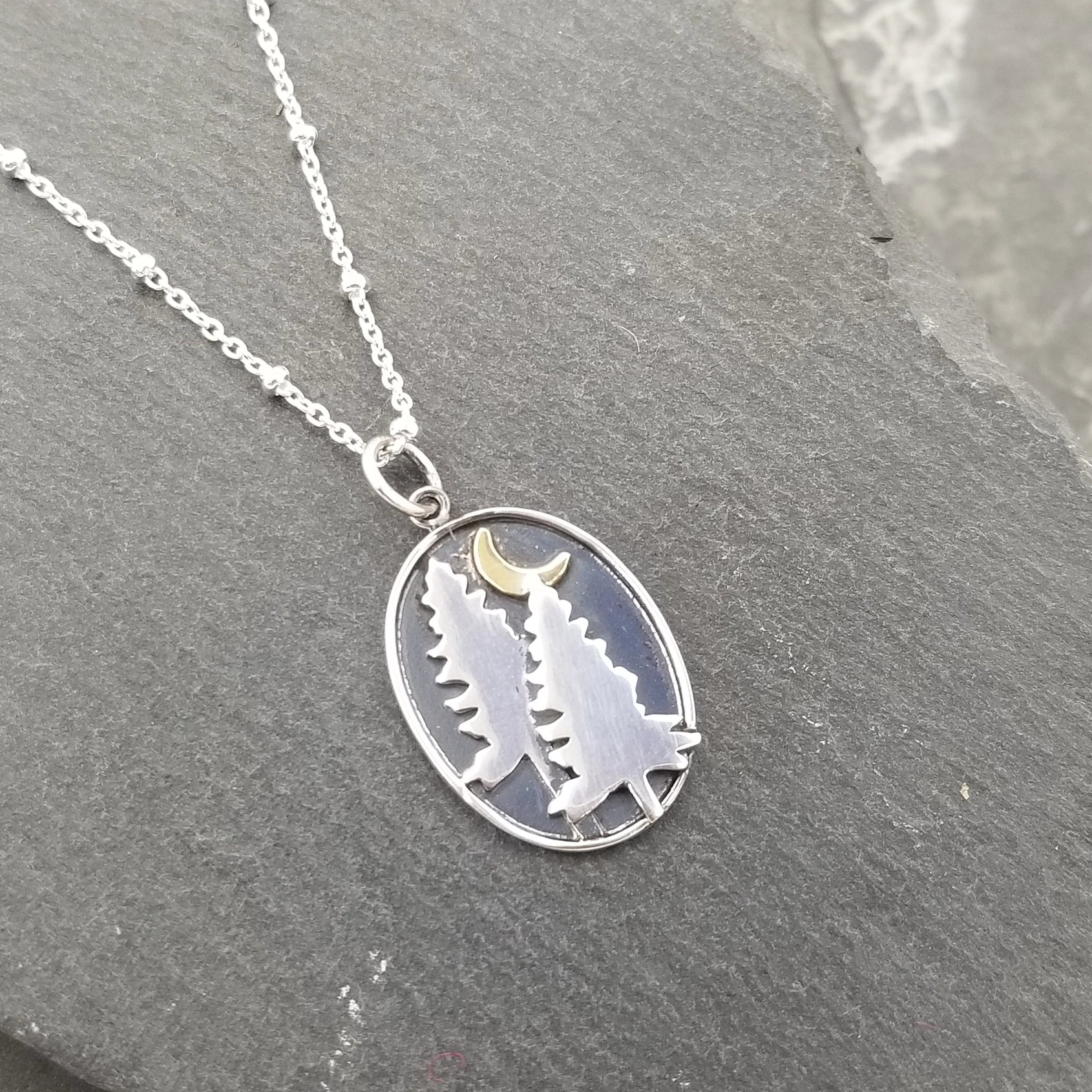 Trees and Moon On Black Background Oval Pendant Necklace
