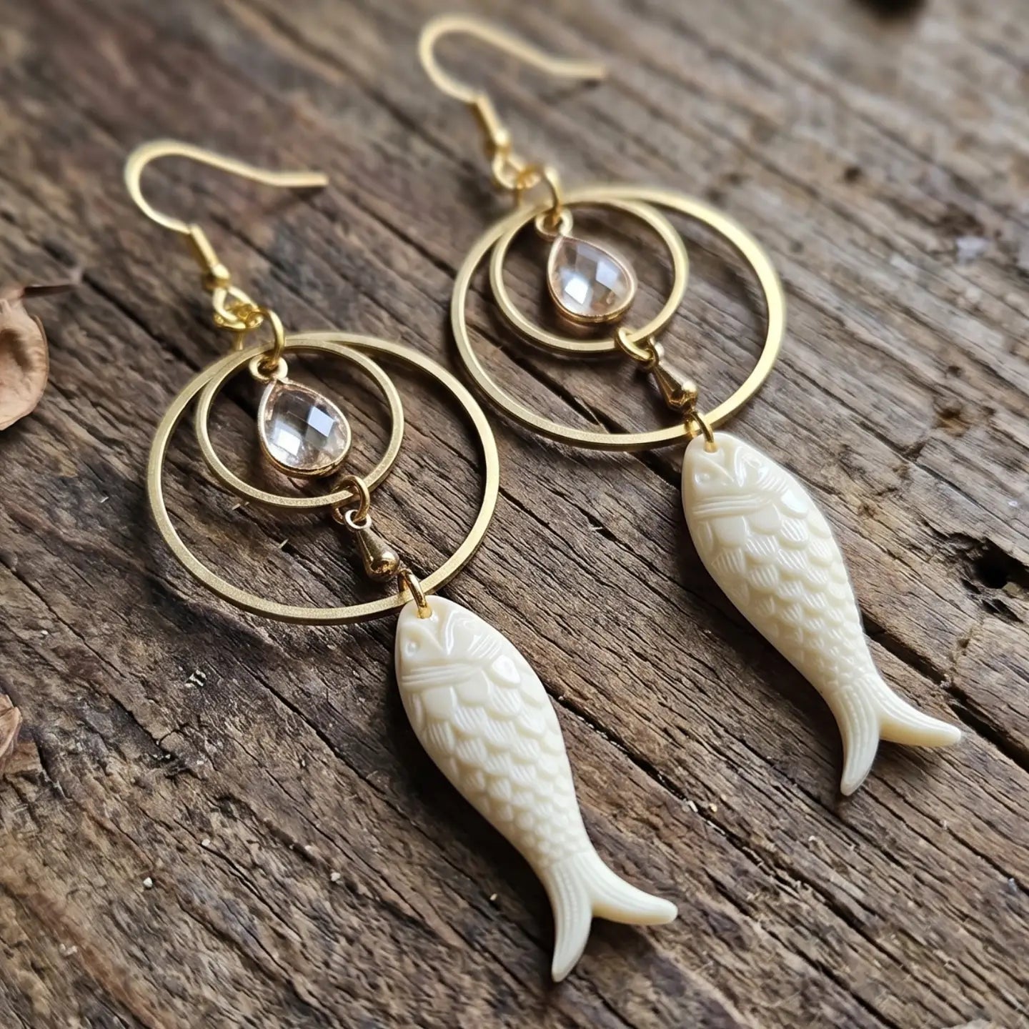 Vintage Inspired Ivory Fish Dangle Earrings with Clear Crystal & Raw Brass