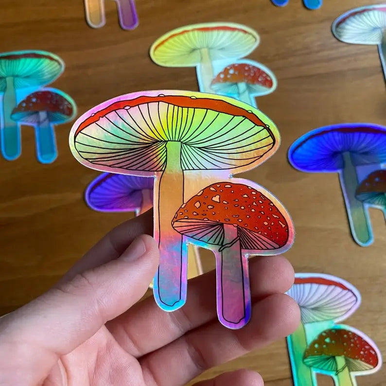 Water Resistant Holographic Mushroom Illustration Sticker