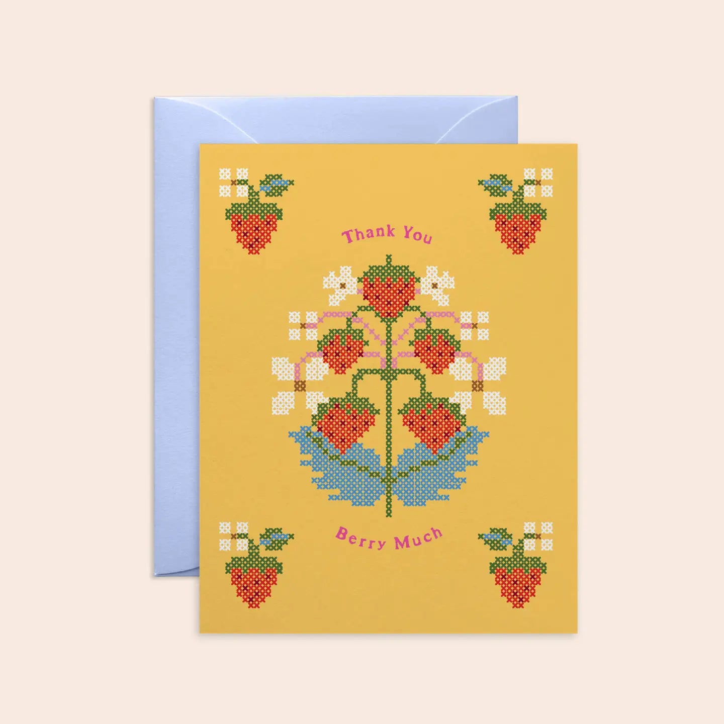 Yellow Strawberry Cross-Stitch Thank You Card