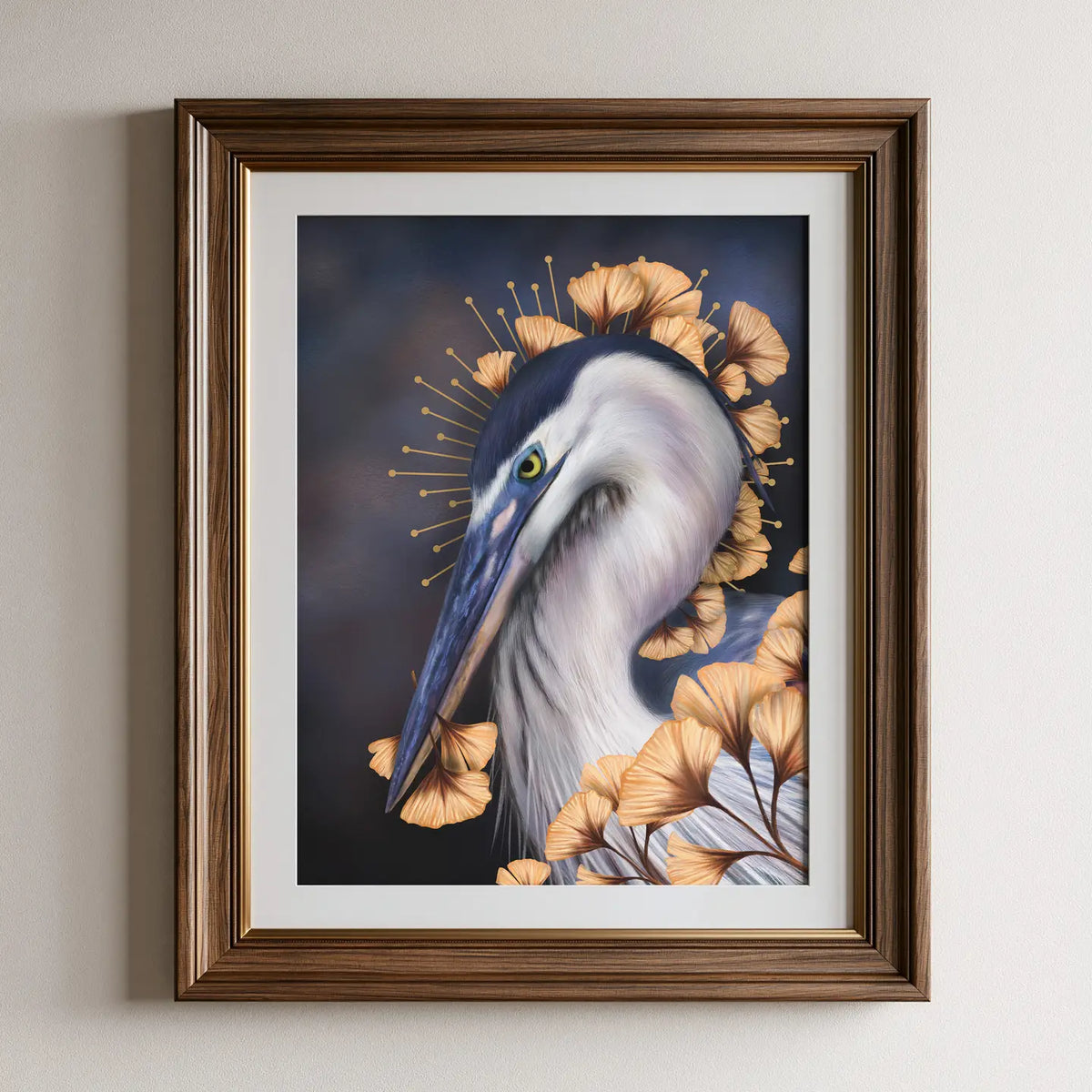 Blue Heron & Ginko Art Print