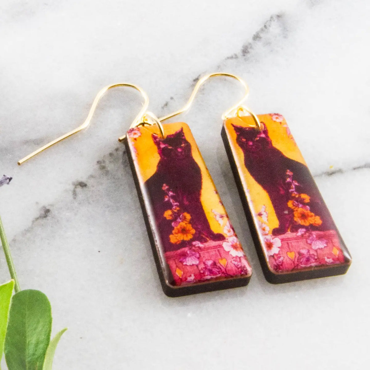 Art Nouveau Black Cat Tapered Rectangle Earrings