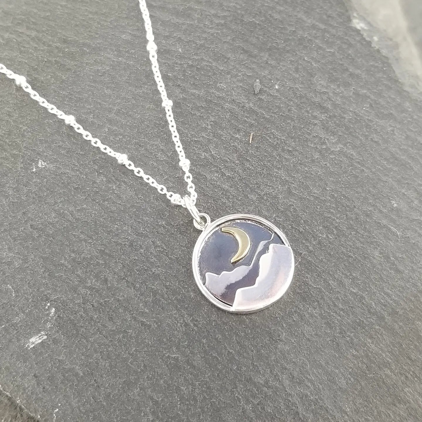 Sterling Silver Crescent Moon Above Mountain On Circle Necklace