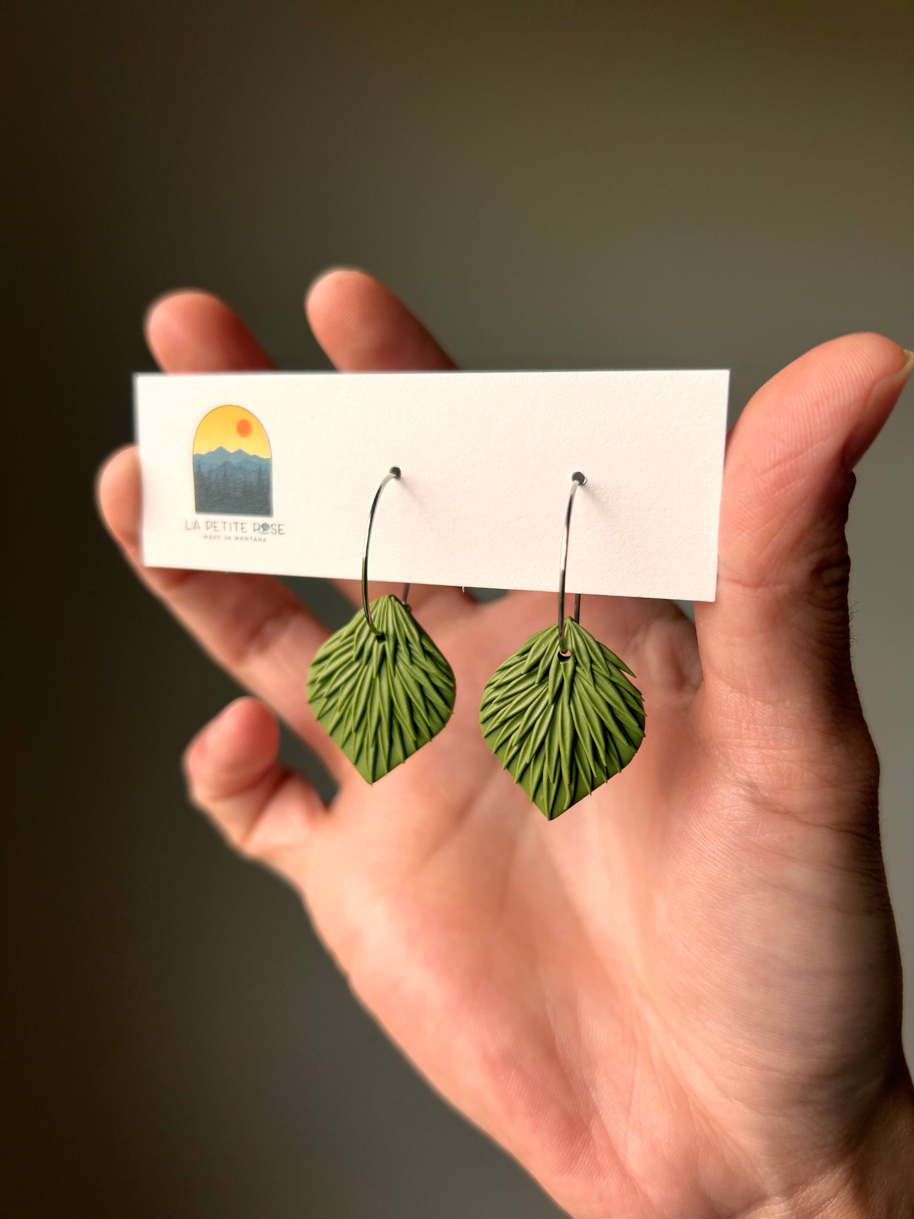 Olive Green White Clay Earrings, 20 mm hoops