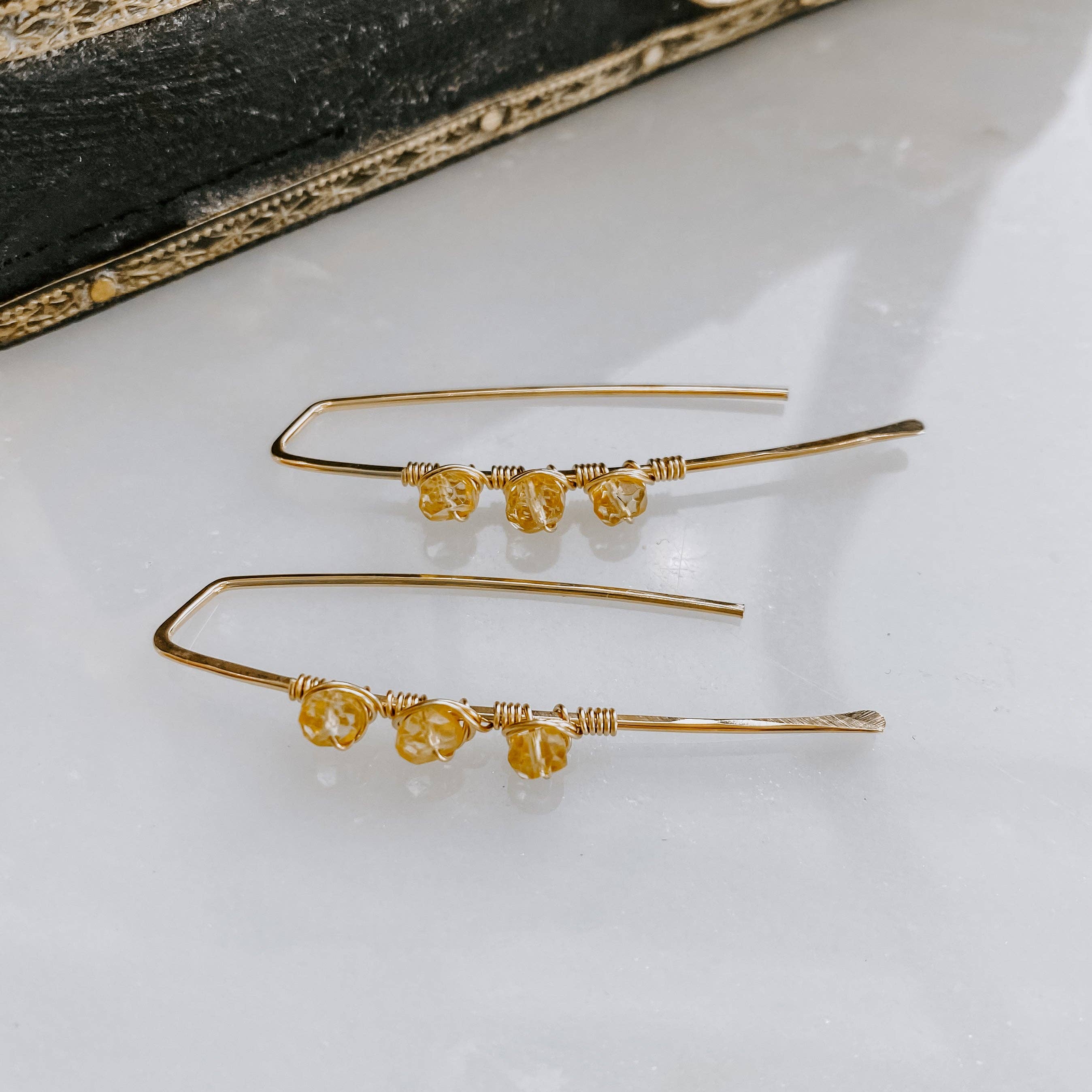 Triple Stone Citrine Threader Earrings: 14k Gold Fill