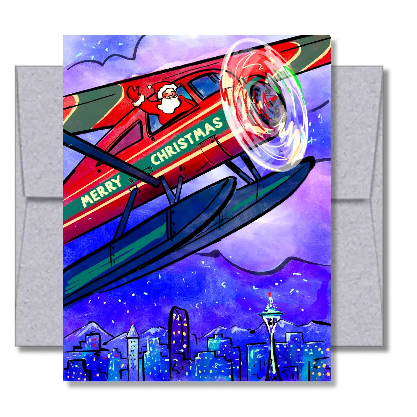 Santa in A Seaplane Christmas Card-Skyline