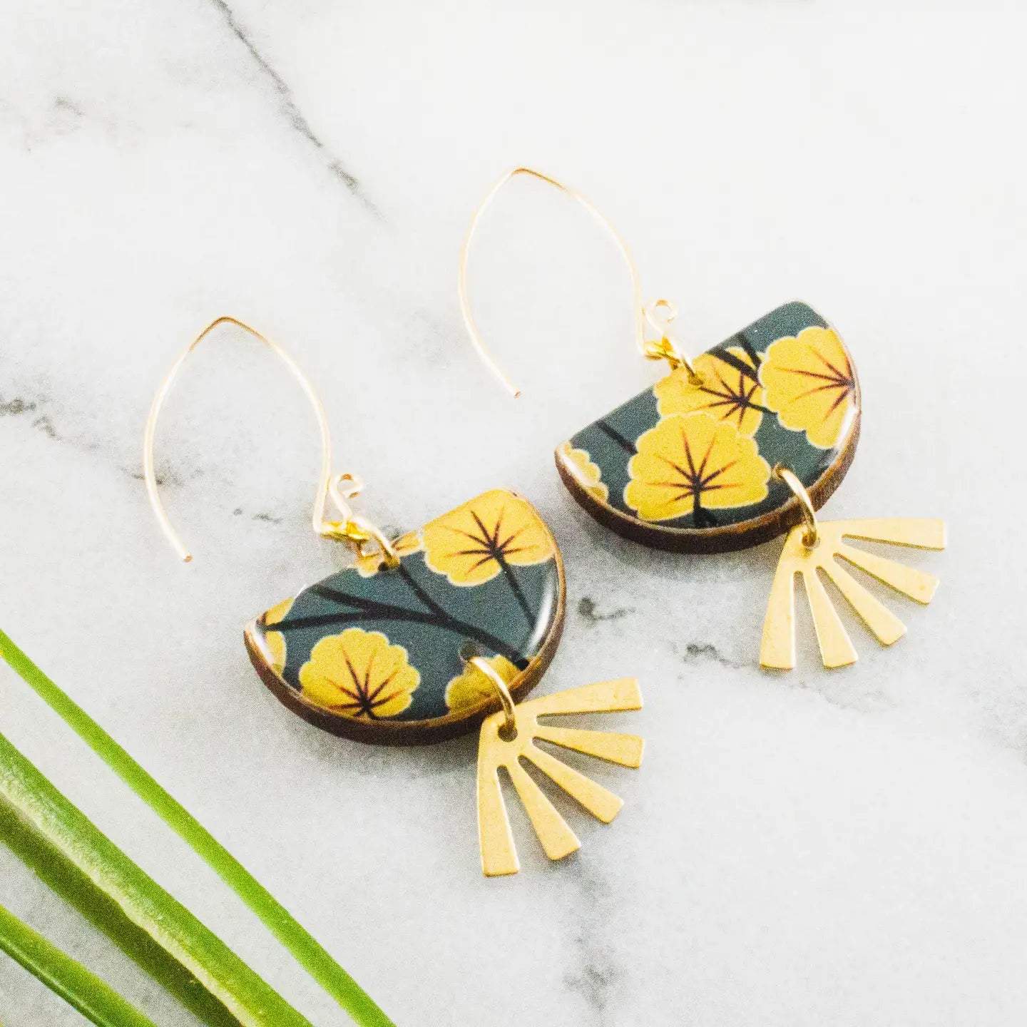 Yellow + Grey Floral Brass Fan Earrings