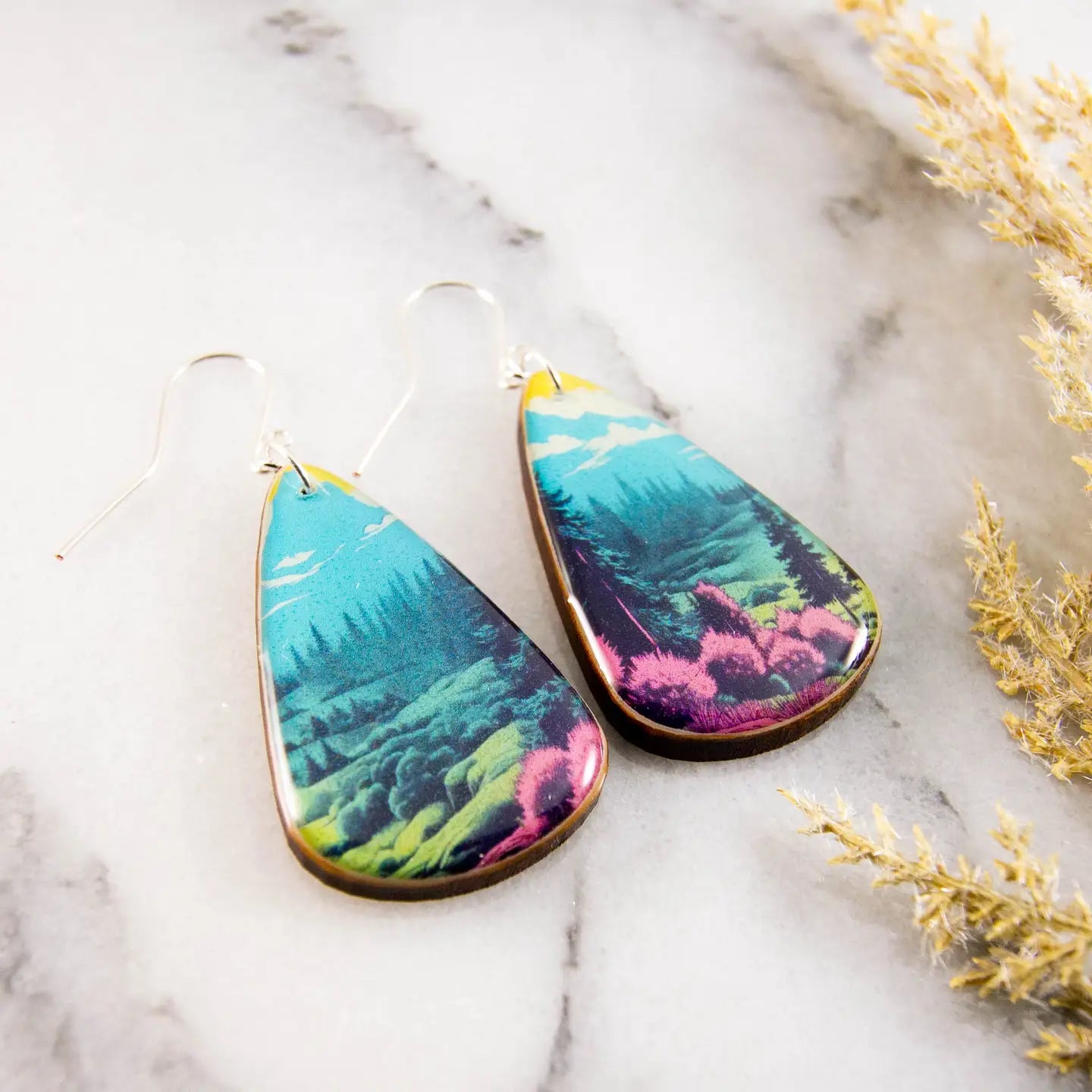 Pastel Forest Scene Oversize Teardrop Earrings