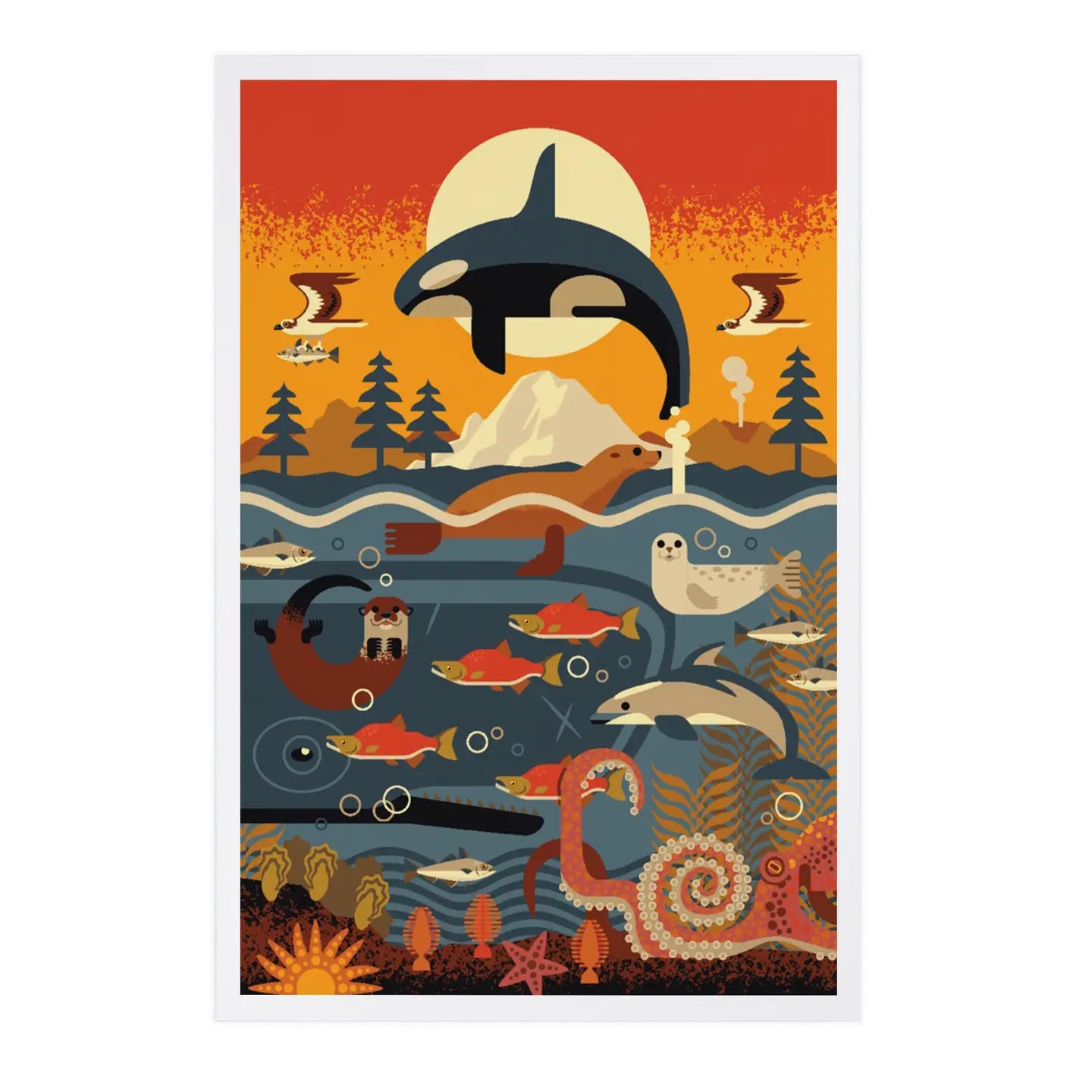 Sunset Orca Marine Animals, Geometric Wood Postcard
