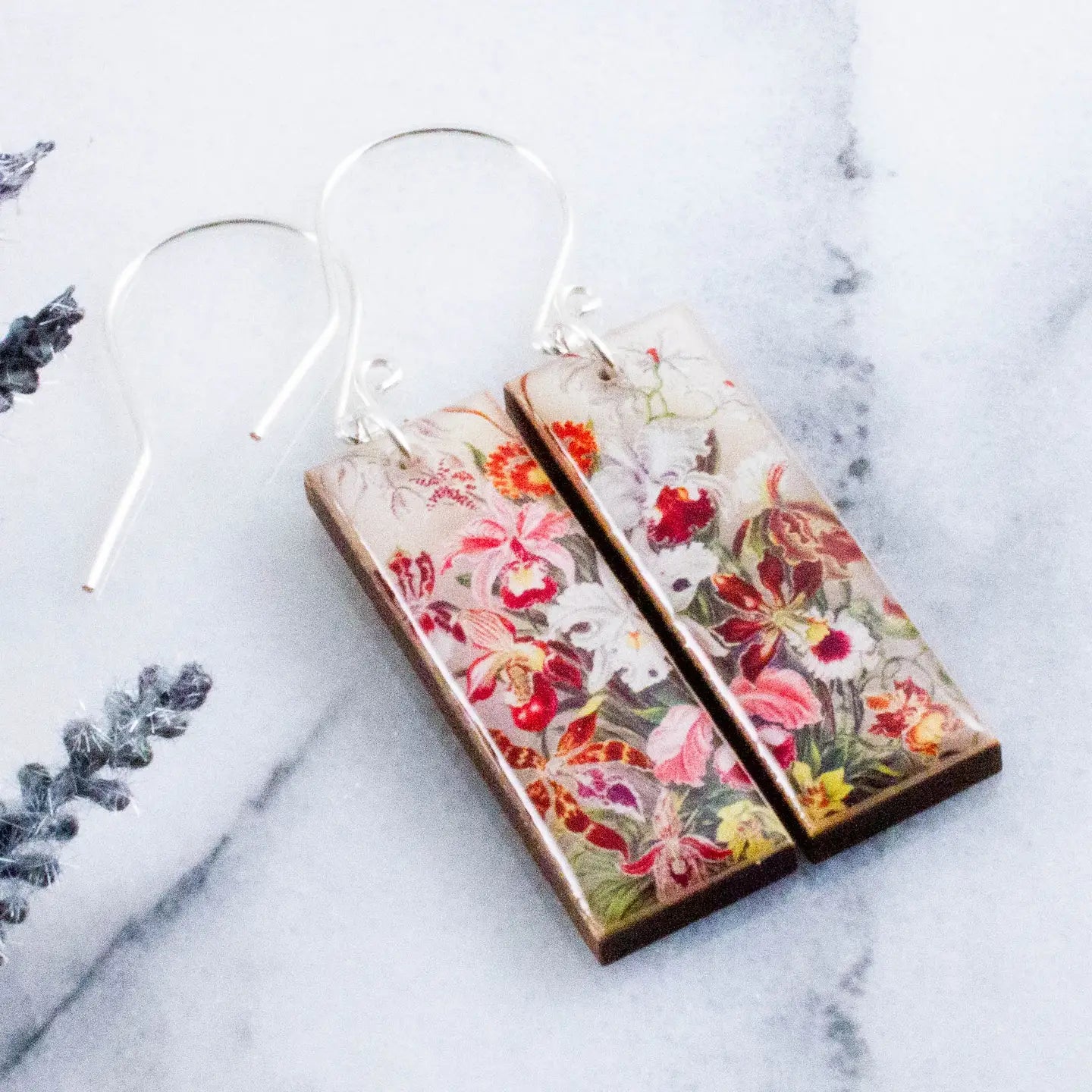 Vintage Botanical Iris Rectangle Earrings