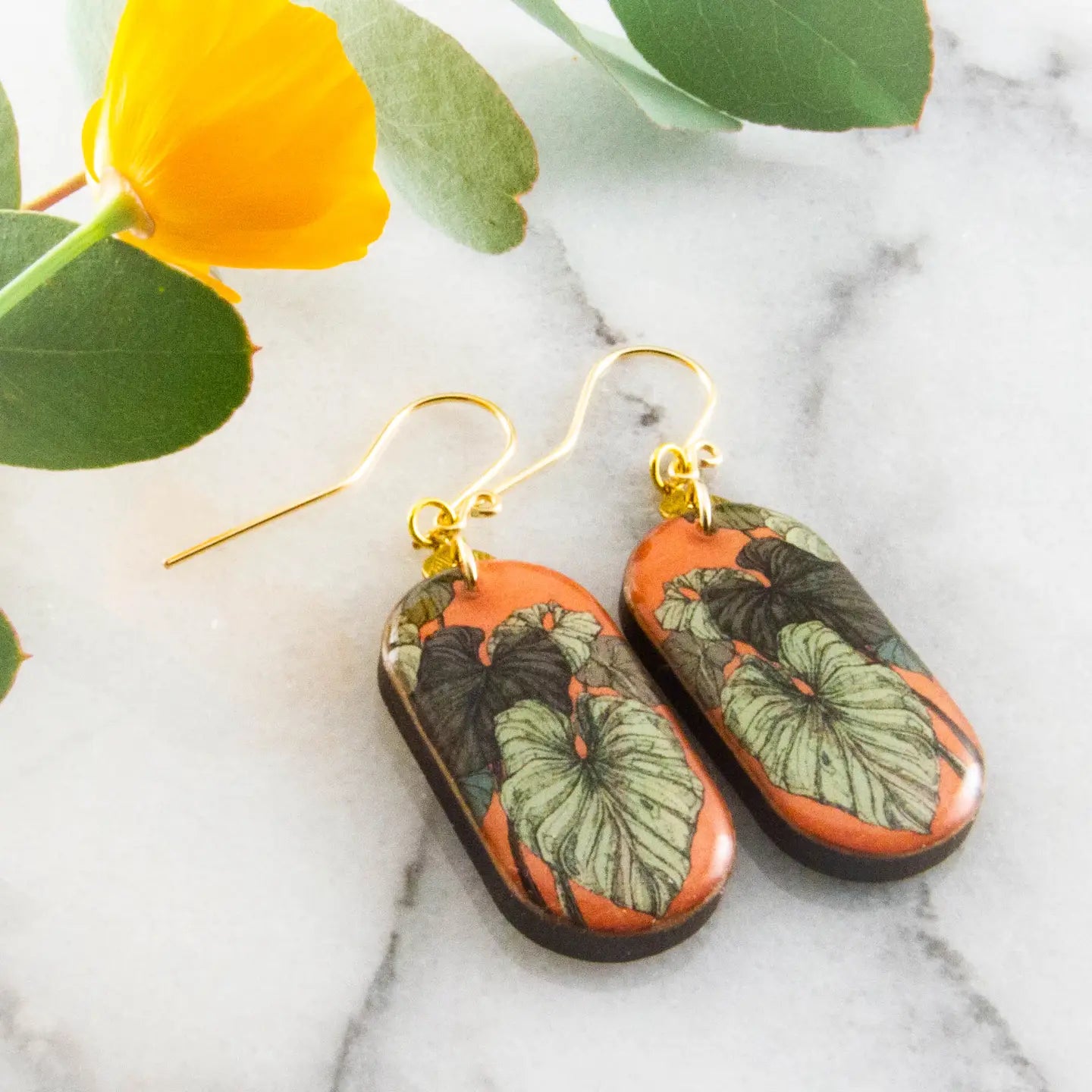 Coral + Green Monstera Leaf Oblong Earrings