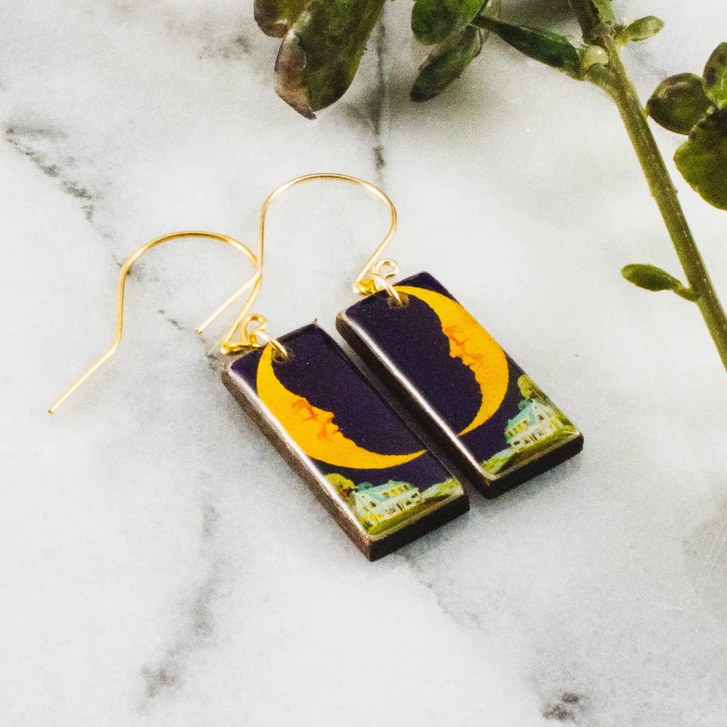 Vintage Crescent Moon Rectangle Earrin
