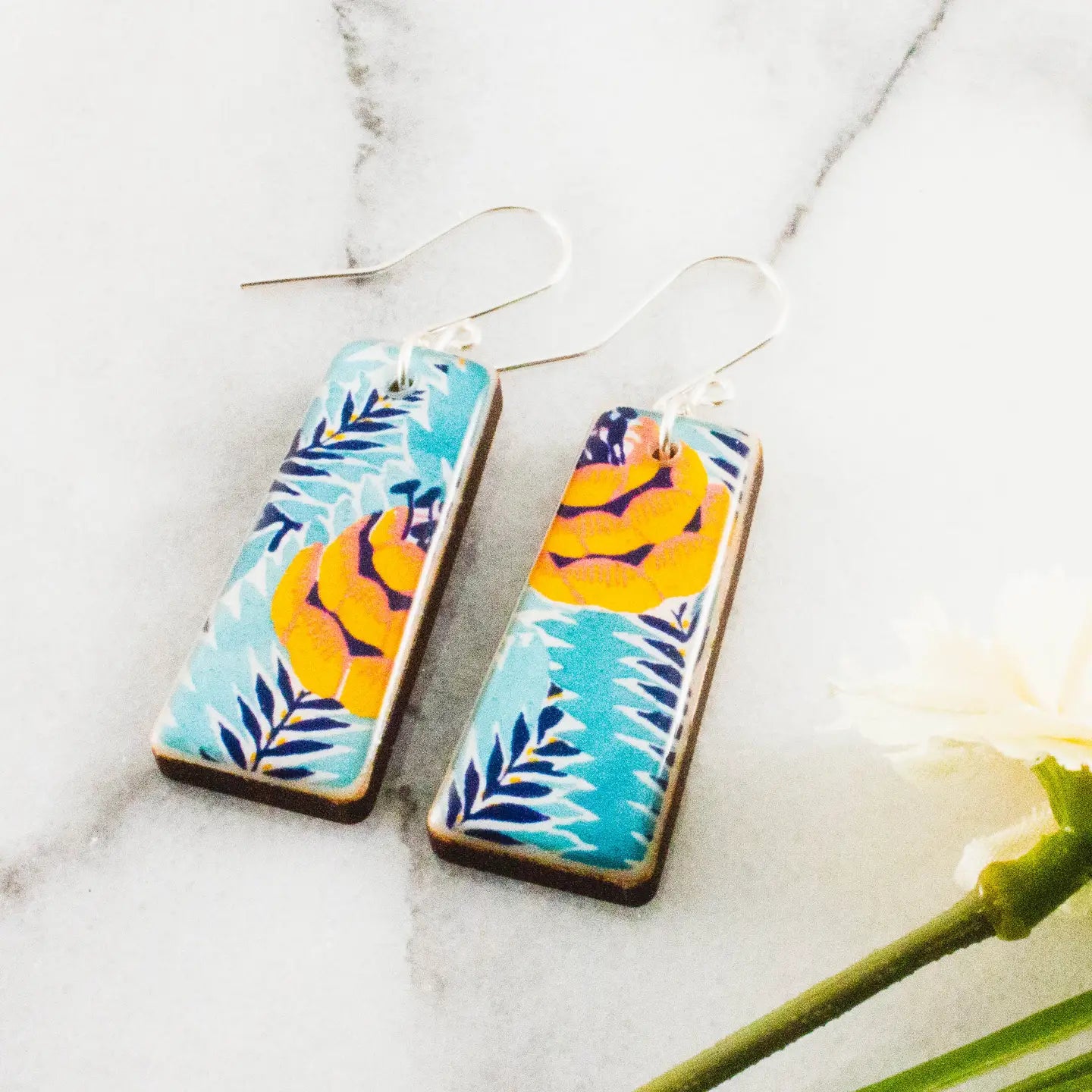 Midcentury Turquoise + Orange Floral Tapered Earrings