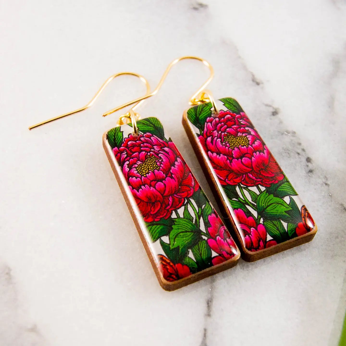 Japanese Bright Pink Peony Flower Tapered Rectangle Earrings
