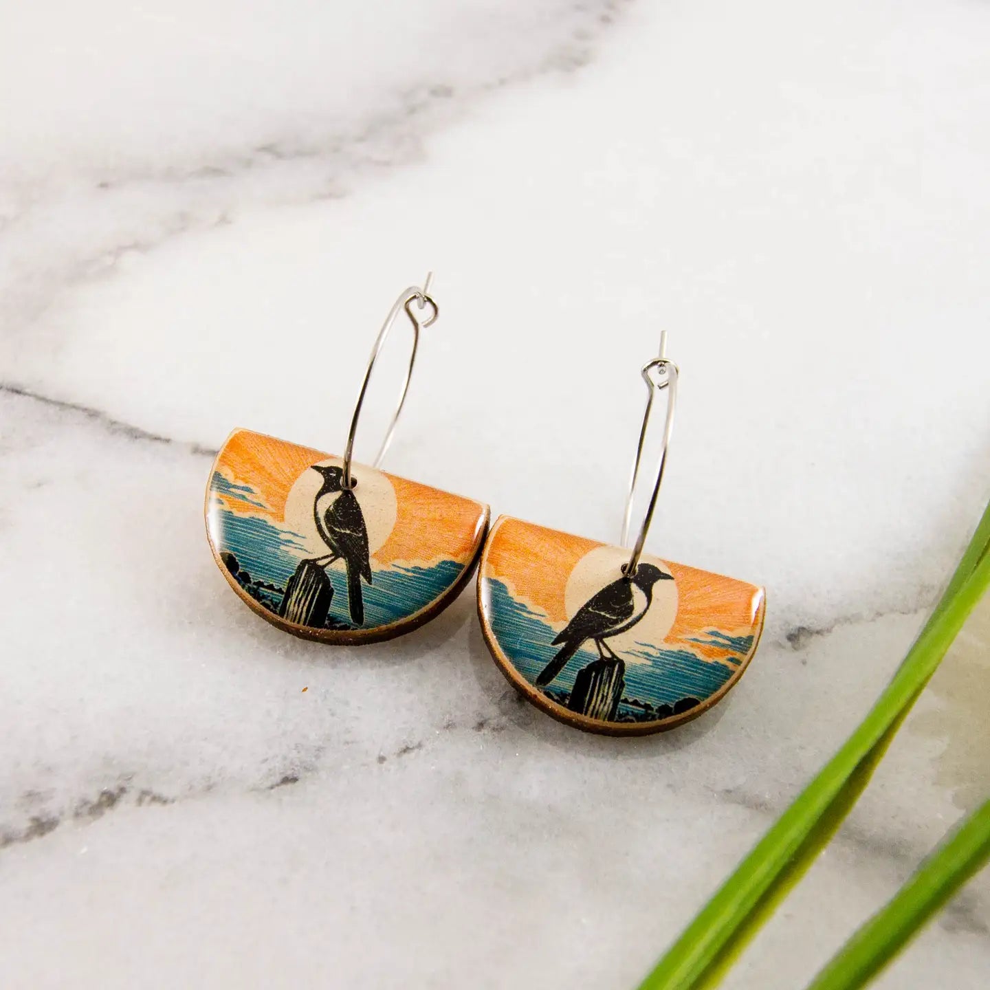 Stylized Raven Sunset Drop Hoop Earrings