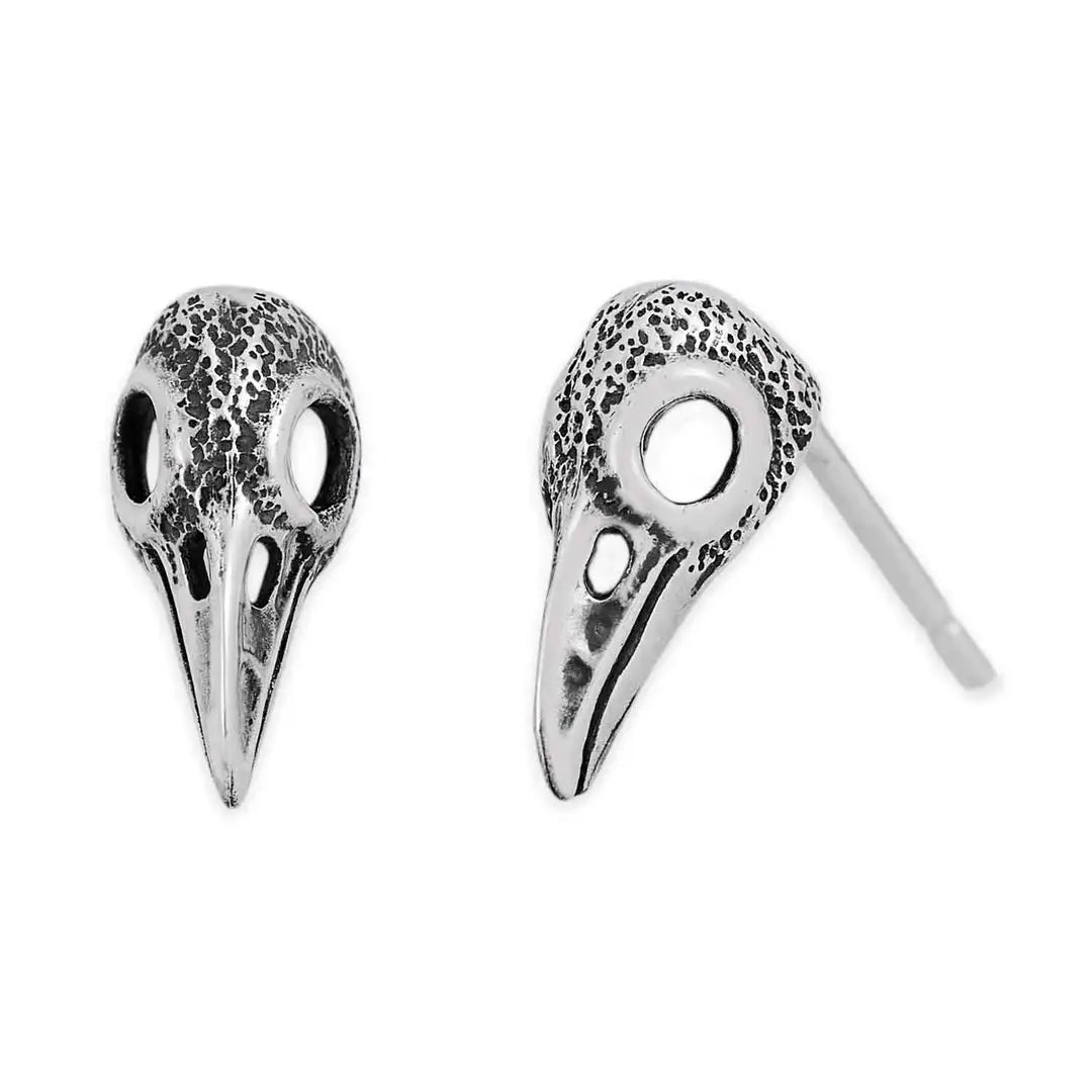 Small Raven Skull Stud Sterling Silver Earrings