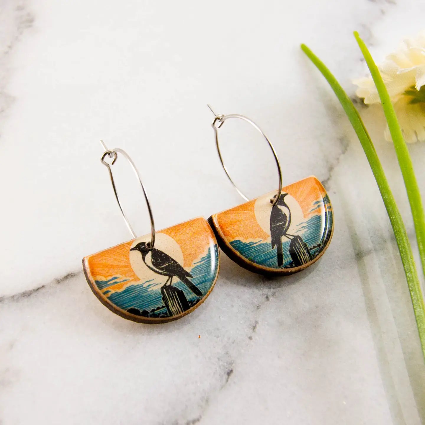 Stylized Raven Sunset Drop Hoop Earrings