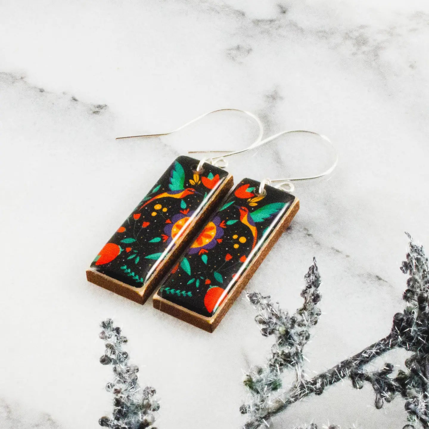 Black Swedish Bird + Flower Rectangle Earrings