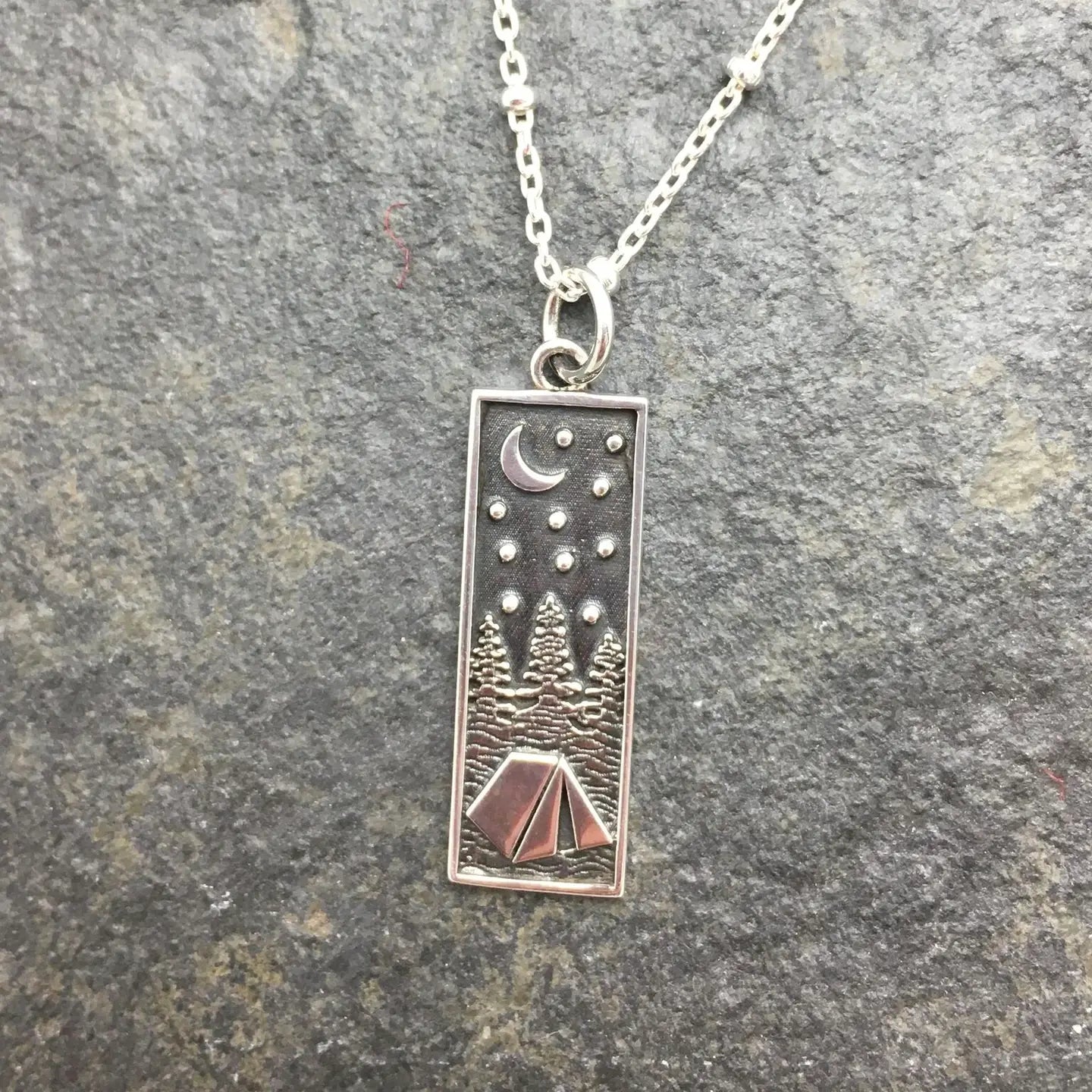 Moon rectangle Tent and Stars charm necklace
