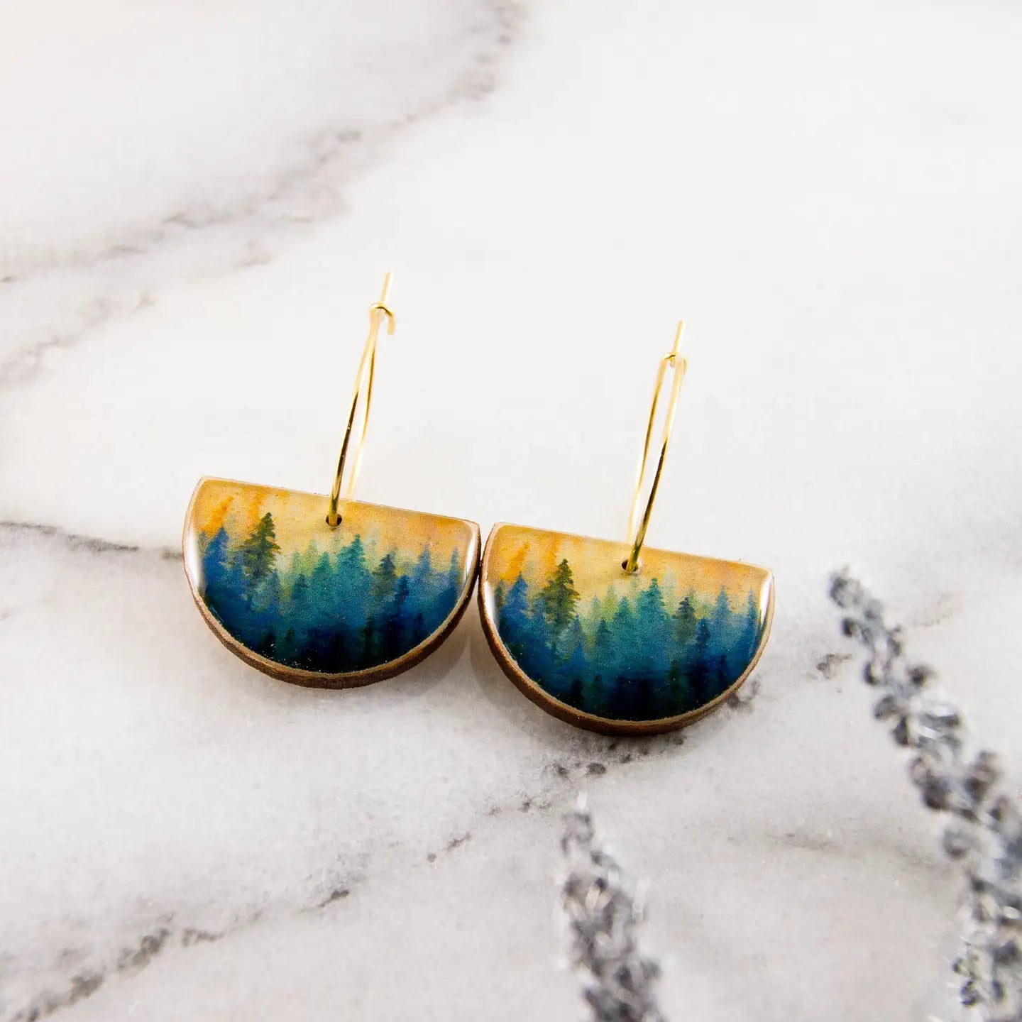 Watercolor Forest Drop Hoop Earrings